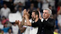Real Madrid's Italian coach Carlo Ancelotti acknowledges the crowd at the end of the Spanish league football match between Real Madrid CF and Real Betis at the Santiago Bernabeu stadium in Madrid on May 20, 2022. (Photo by Pierre-Philippe MARCOU / AFP) (Photo by PIERRE-PHILIPPE MARCOU/AFP via Getty Images)
