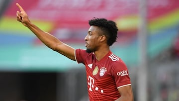 (FILES) In this file photo taken on October 23, 2021 Bayern Munich&#039;s French forward Kingsley Coman celebrates after scoring the 4-0 during the German first division Bundesliga football match Bayern Munich v Hoffenheim in Munich, southern Germany. - Bayern Munich&#039;s French forward Kingsley Coman has extended his contract with the club until 2027, it was announced on January 12, 2022. (Photo by Christof STACHE / AFP) / RESTRICTIONS: DFL REGULATIONS PROHIBIT ANY USE OF PHOTOGRAPHS AS IMAGE SEQUENCES AND/OR QUASI-VIDEO