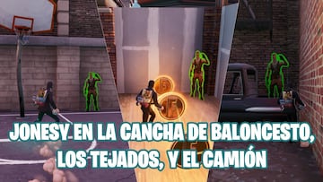Fortnite Battle Royale - Desafío de Entrega en el centro: encuentra a Jonesy cerca de la cancha de baloncesto, los tejados y en la parte de atrás de un camión