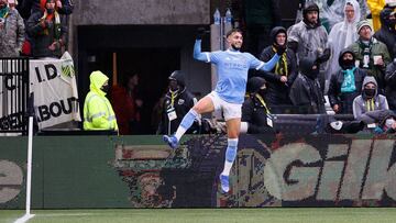 PORTLAND, OREGON - DECEMBER 11: Valentin Castellanos #11 of New York City celebrates a goal against the Portland Timbers during the first half of the 2021 MLS Cup final at Providence Park on December 11, 2021 in Portland, Oregon.   Steph Chambers/Getty Images/AFP
 == FOR NEWSPAPERS, INTERNET, TELCOS &amp; TELEVISION USE ONLY ==