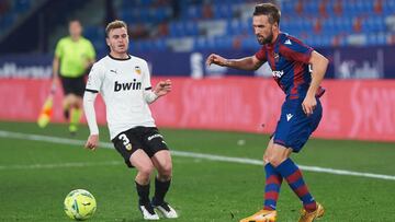 Jorge Miramon of Levante UD and Toni Lato of Valencia CF during the La Liga Santander match between Levante and Valencia at Estadio Ciutat de Valencia on 12 March, 2021 in Valencia, Spain
 AFP7 
 12/03/2021 ONLY FOR USE IN SPAIN