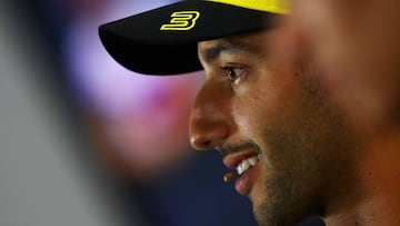NORTHAMPTON, ENGLAND - JULY 11: Daniel Ricciardo of Australia and Renault Sport F1 talks in the Drivers Press Conference during previews ahead of the F1 Grand Prix of Great Britain at Silverstone on July 11, 2019 in Northampton, England. (Photo by Dan Istitene/Getty Images)