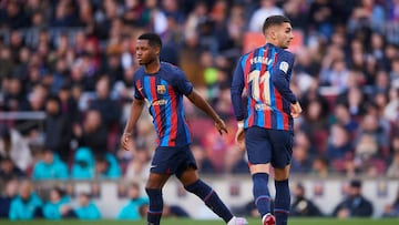 BARCELONA, SPAIN - MARCH 05: Ansu Fati and Ferran Torres of FC Barcelona look on during the LaLiga Santander match between FC Barcelona and Valencia CF at Spotify Camp Nou on March 05, 2023 in Barcelona, Spain. (Photo by Silvestre Szpylma/Quality Sport Images/Getty Images)