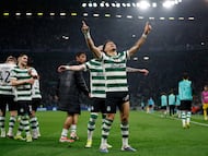 Sporting Lisbon's Uruguayan midfielder #20 Maximiliano Araujo celebrates scoring his team's fourth goal during the UEFA Champions League last 16 second leg football match between Sporting CP and Bodoe/Glimt at Jose Alvalade stadium in Lisbon on March 17, 2026. (Photo by FILIPE AMORIM / AFP)