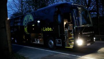 DORTMUND, GERMANY - APRIL 11: The team bus of the Borussia Dortmund football club seen after the bus was damaged in an explosion on April 11, 2017 in Dortmund, Germany. According to police an explosion detonated as the bus was leaving the hotel where the team was staying to bring them to their Champions League game against Monaco. So far one person, team member Marc Bartra, is reported injured. (Photo by Maja Hitij/Getty Images)