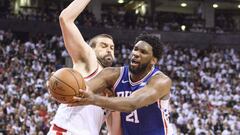 May 7, 2019; Toronto, Ontario, CAN; Philadelphia 76ers center Joel Embiid (21) drives to the basket against Toronto Raptors center Marc Gasol (33) during the third quarter in game five of the second round of the 2019 NBA Playoffs at Scotiabank Arena. Mandatory Credit: Nick Turchiaro-USA TODAY Sports