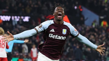 BIRMINGHAM (United Kingdom), 29/01/2026.- Jamaldeen Jimoh-Aloba of Aston Villa celebrates after he scores the 3-2 goal during the UEFA Europa League match between Aston Villa and FC Salzburg, in Birmingham, Britain, 29 January 2026. (Reino Unido, Salzburgo) EFE/EPA/ADAM VAUGHAN