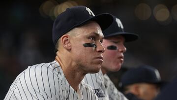 Jun 6, 2024; Bronx, New York, USA; New York Yankees center fielder Aaron Judge (99) looks out from the dugout during the sixth inning against the Minnesota Twins at Yankee Stadium. Mandatory Credit: Vincent Carchietta-USA TODAY Sports