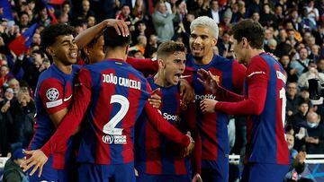 Soccer Football - Champions League - Round of 16 - Second Leg - FC Barcelona v Napoli - Estadi Olimpic Lluis Companys, Barcelona, Spain - March 12, 2024 FC Barcelona's Fermin Lopez celebrates scoring their first goal with teammates REUTERS/Albert Gea