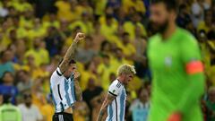 Argentina's defender Nicolas Otamendi (L) celebrates after scoring during the 2026 FIFA World Cup South American qualification football match between Brazil and Argentina at Maracana Stadium in Rio de Janeiro, Brazil, on November 21, 2023. (Photo by CARL DE SOUZA / AFP)