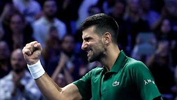Tennis - ATP 250 - Hellenic Championship - Telekom Center Athens, Marousi, Greece - November 7, 2025 Serbia's Novak Djokovic celebrates winning his semi final match against Germany's Yannick Hanfmann REUTERS/Louiza Vradi