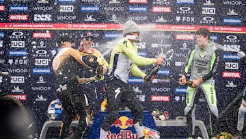 Winners celebrate at UCI DH World Cup in Leogang, Austria on June 09, 2024