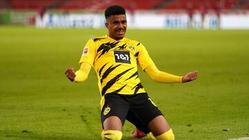 Stuttgart (Germany), 10/04/2021.- Ansgar Knauff of Borussia Dortmund celebrates after scoring their team&#039;s third goal during the Bundesliga match between VfB Stuttgart and Borussia Dortmund at Mercedes-Benz Arena in Stuttgart, Germany, 10 April 2021.