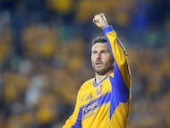 Tigres' French forward #10 Andre-Pierre Gignac celebrates scoring his team's first goal during the Liga MX Clausura football match between Tigres and Monterrey at the University Stadium (UANL) in Monterrey, Mexico on March 7, 2026. (Photo by Julio Cesar AGUILAR / AFP)