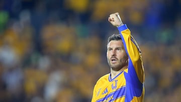 Tigres' French forward #10 Andre-Pierre Gignac celebrates scoring his team's first goal during the Liga MX Clausura football match between Tigres and Monterrey at the University Stadium (UANL) in Monterrey, Mexico on March 7, 2026. (Photo by Julio Cesar AGUILAR / AFP)