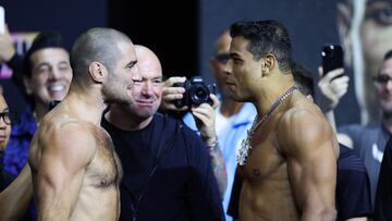 NEWARK, NEW JERSEY - MAY 31: (L-R) Sean Strickland faces off with Paulo Costa during the UFC 302 Ceremonial Weigh-in at Prudential Center on May 31, 2024 in Newark, New Jersey.   Luke Hales/Getty Images/AFP (Photo by Luke Hales / GETTY IMAGES NORTH AMERICA / Getty Images via AFP)