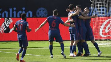 VIGO, SPAIN - OCTOBER 17: Luis Suarez of Atletico de Madrid celebrates with teammates after scoring his sides first goal during the La Liga Santander match between RC Celta and Atletico de Madrid at Abanca-Balaídos on October 17, 2020 in Vigo, Spai