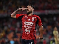 Independiente Medellin's Argentine forward #19 Francisco Fydriszewski celebrates scoring his team's first goal during the Copa Libertadores group stage football match between Colombia's Independiente Medellin and Peru's Cusco FC at the Atanasio Girardot stadium in Medellin, Antioquia department, Colombia on April 30, 2026. (Photo by Jaime SALDARRIAGA / AFP)