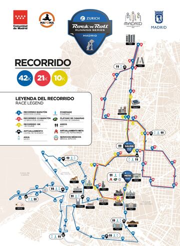 Recorrido de la maratón, media maratón y 10K del Zúrich Rock'n Roll Maratón de Madrid 2023.
