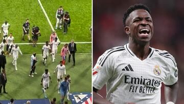 La última imagen del derbi que no se vio: Vinicius y el escudo del Atleti