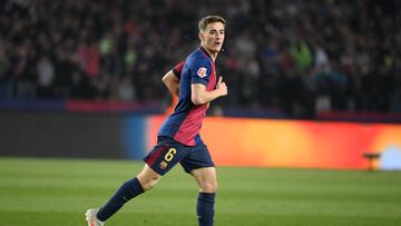Barcelona's Spanish midfielder #06 Pablo Gavi celebrates scoring their first goal during the Spanish league football match between FC Barcelona and Real Betis at the Estadi Olimpic Lluis Companys in Barcelona, on April 5, 2025. (Photo by Josep LAGO / AFP)