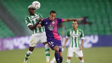 SEVILLE, SPAIN - SEPTEMBER 20: Emerson Royal of Real Betis wins a header from Fabian Orellana of Real Valladolid during the La Liga Santander match between Real Betis and Real Valladolid CF at Estadio Benito Villamarin on September 20, 2020 in Seville, Sp