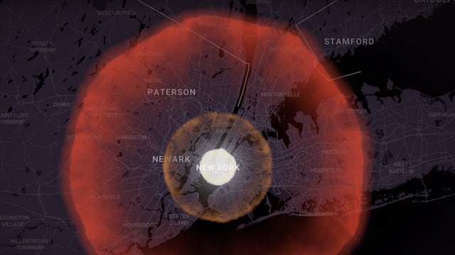 A chilling simulation models the destruction an atomic bomb would cause if it detonated in Lower Manhattan.