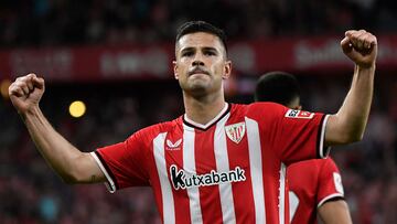 Athletic Bilbao's Spanish forward #12 Gorka Guruzeta celebrates scoring his team's first goal during the Spanish league football match between Athletic Club Bilbao and Granada FC at at the San Mames stadium in Bilbao on April 19, 2024. (Photo by ANDER GILLENEA / AFP)