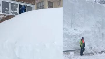 A la izquierda, un esquiador sale por la ventana de su apartamento en la estación de esquí de San Isidro debido a las acumulaciones de nieve. A la derecha, un trabajador posa junto al muro de 8 metros de nieve en la misma estación de