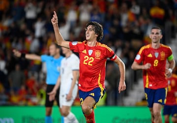 Spain's midfielder #22 Bryan Gil celebrates scoring his team's second goal during the UEFA Nations League, League A Group A4, football match between Spain and Switzerland at the Heliodoro Rodriguez Lopez stadium in Tenerife, in Spain's Canary Islands, on November 18 2024. (Photo by MIGUEL RIOPA / AFP)