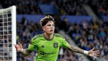 SAN SEBASTIAN, SPAIN - NOVEMBER 3: Alejandro Garnacho of Manchester United celebrates 0-1 during the UEFA Europa League   match between Real Sociedad v Manchester United at the Estadio Reale Arena on November 3, 2022 in San Sebastian Spain (Photo by David S. Bustamante/Soccrates/Getty Images)