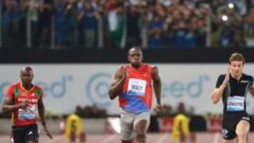 <b>IMPRESIONANTE. </b>Bolt demostró en Roma que está en gran forma. Le flanquean Collins y Lemaitre.