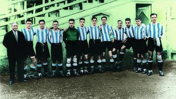 La plantilla del Deportivo Alav&eacute;s que logr&oacute; ganar al Madrid el 8 de marzo de 1931 en Mendizorroza. De izquierda a derecha: Jos&eacute; Baonza (entrenador), Fede, Antero, Arana, Beristain, Alb&eacute;niz (hizo los goles blanquiazules ante el Madrid), Ciriaco, Heredia, Arsenio, Olivares, Lecue y Quincoces. Cuatro de ellos acabar&iacute;an en el Madrid.