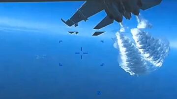 Caza ruso colisionando con dron estadounidense. (@usairforce)