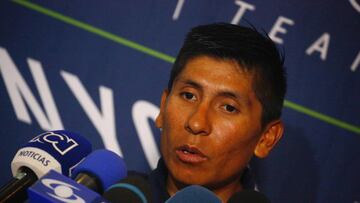 Colombia's pink jersey Nairo Quintana of the Movistar Team speaks during a press conference on the 2nd rest day of the 100th Giro d'Italia, Tour of Italy, on May 15, 2017 in Foligno. / AFP PHOTO / LUK BENIES