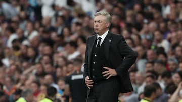 Real Madrid's Italian coach Carlo Ancelotti reacts during the Spanish Liga football match between Real Madrid CF and Getafe CF at the Santiago Bernabeu stadium in Madrid on September 2, 2023. (Photo by Thomas COEX / AFP)