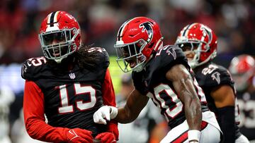 ATLANTA, GEORGIA - SEPTEMBER 29: Dee Alford #20 of the Atlanta Falcons reacts against the New Orleans Saints during the fourth quarter at Mercedes-Benz Stadium on September 29, 2024 in Atlanta, Georgia. Kevin C. Cox/Getty Images/AFP (Photo by Kevin C. Cox / GETTY IMAGES NORTH AMERICA / Getty Images via AFP)