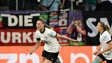 Germany's midfielder #22 Jule Brand celebrates after she scored her team's first goal during the UEFA Women's Euro 2025 Group C football match between Germany and Poland at the Arena St.Gallen in St.Gallen on July 4, 2025. (Photo by Miguel MEDINA / AFP)