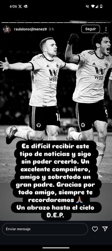El emotivo mensaje de Raúl Jiménez a Diogo Jota: “Sigo sin poder creerlo; abrazo hasta el cielo”