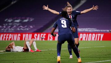 Soccer Football - Women's Champions League - Quarter Final - Arsenal v Paris St Germain - Reale Arena, San Sebastian, Spain - August 22, 2020 Paris St Germain's Signe Bruun celebrates scoring their second goal with teammate Marie-Antoinette Kato