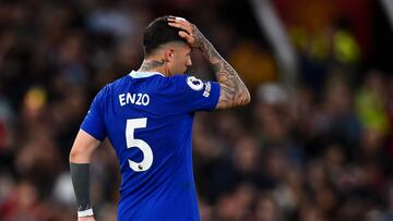 Manchester (United Kingdom), 25/05/2023.- Enzo Fernandez of Chelsea reacts during the English Premier League soccer match between Manchester United and Chelsea FC, in Manchester, Britain, 25 May 2023. (Reino Unido) EFE/EPA/PETER POWELL EDITORIAL USE ONLY. No use with unauthorized audio, video, data, fixture lists, club/league logos or 'live' services. Online in-match use limited to 120 images, no video emulation. No use in betting, games or single club/league/player publications.
