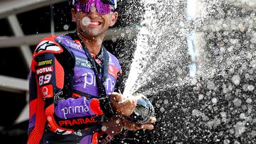 Apr 13, 2024; Austin, TX, USA; Jorge Martin (89) of Spain and Prima Pramac Racing sprays the fans with Prosecco after the Americas Grand Prix sprint race at Circuit of The Americas. Mandatory Credit: Jerome Miron-USA TODAY Sports     TPX IMAGES OF THE DAY