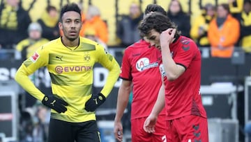 Dortmund's Pierre-Emerick Aubameyang frustrated against SC Freiburg.