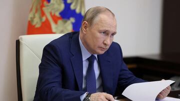 Russian President Vladimir Putin attends a meeting on the road construction development via video link at the Novo-Ogaryovo state residence outside Moscow, Russia June 2, 2022.