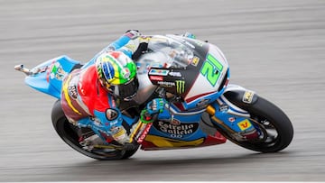 Italian Kalex rider Franco Morbidelli steers his bike during the training session of the Moto2 of the Grand Prix of Germany at the Sachsenring Circuit on July 1, 2017 in Hohenstein-Ernstthal, eastern Germany.  / AFP PHOTO / Robert MICHAEL