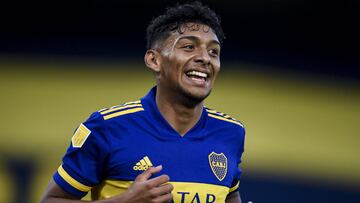 BUENOS AIRES, ARGENTINA - APRIL 17:  Cristian Medina of Boca Juniors celebrates after scoring the first goal of his team during a match between Boca Juniors and Atletico Tucuman as part of Copa de la Liga Profesional 2021 at Estadio Alberto J. Armando on April 17, 2021 in Buenos Aires, Argentina. (Photo by Marcelo Endelli/Getty Images)