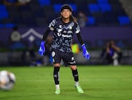 Aug 7, 2025; Carson, CA, USA; Santos Laguna goalkeeper Carlos Acevedo (1) defends the goal against the LA Galaxy during the first half at Dignity Health Sports Park. Mandatory Credit: Gary A. Vasquez-Imagn Images