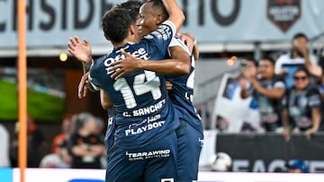 Aug 5, 2025; Houston, TX, USA; C.F. Pachuca forward Luis Quinones (23) is congratulated by teammates after scoring a goal in the first half against the Houston Dynamo FC at Shell Energy Stadium. Mandatory Credit: Maria Lysaker-Imagn Images