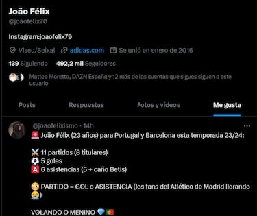 Polémico ‘me gusta’ de João Félix a un tuit contra la afición del Atlético