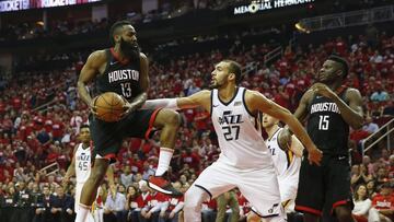 HOUSTON, TX - MAY 02: James Harden #13 of the Houston Rockets goes up for a shot defended by Rudy Gobert #27 of the Utah Jazz in the second half during Game Two of the Western Conference Semifinals of the 2018 NBA Playoffs at Toyota Center on May 2, 2018 